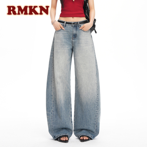RMKN美式水洗弯刀直筒牛仔裤女2026春季新款显瘦百搭垂感拖地裤