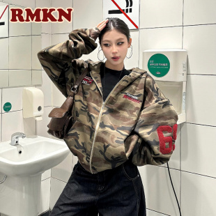 RMKN美式复古迷彩开衫连帽卫衣潮牌情侣百搭夹克宽松休闲帽衫外套