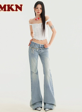 RMKN美式复古蕾丝拼接微喇裤女设计感水洗牛仔裤低腰显瘦长裤