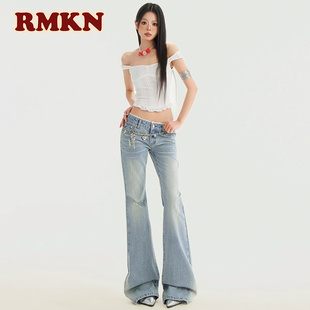 RMKN美式复古蕾丝拼接微喇裤女设计感水洗牛仔裤低腰显瘦长裤