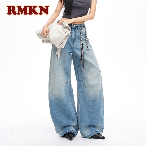 RMKN美式复古弯刀裤子女春季2026新款拖地直筒宽松百搭牛仔裤
