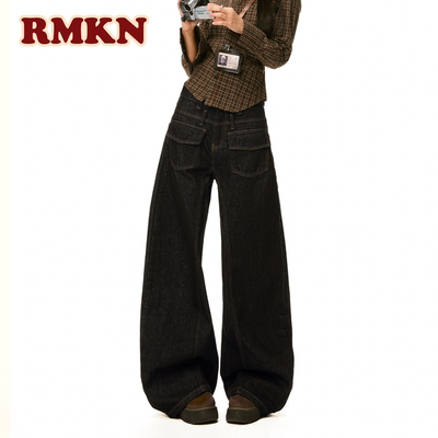 RMKN深蓝阔腿弯刀牛仔裤女春季新款宽松垂感拖地直筒百搭长裤子