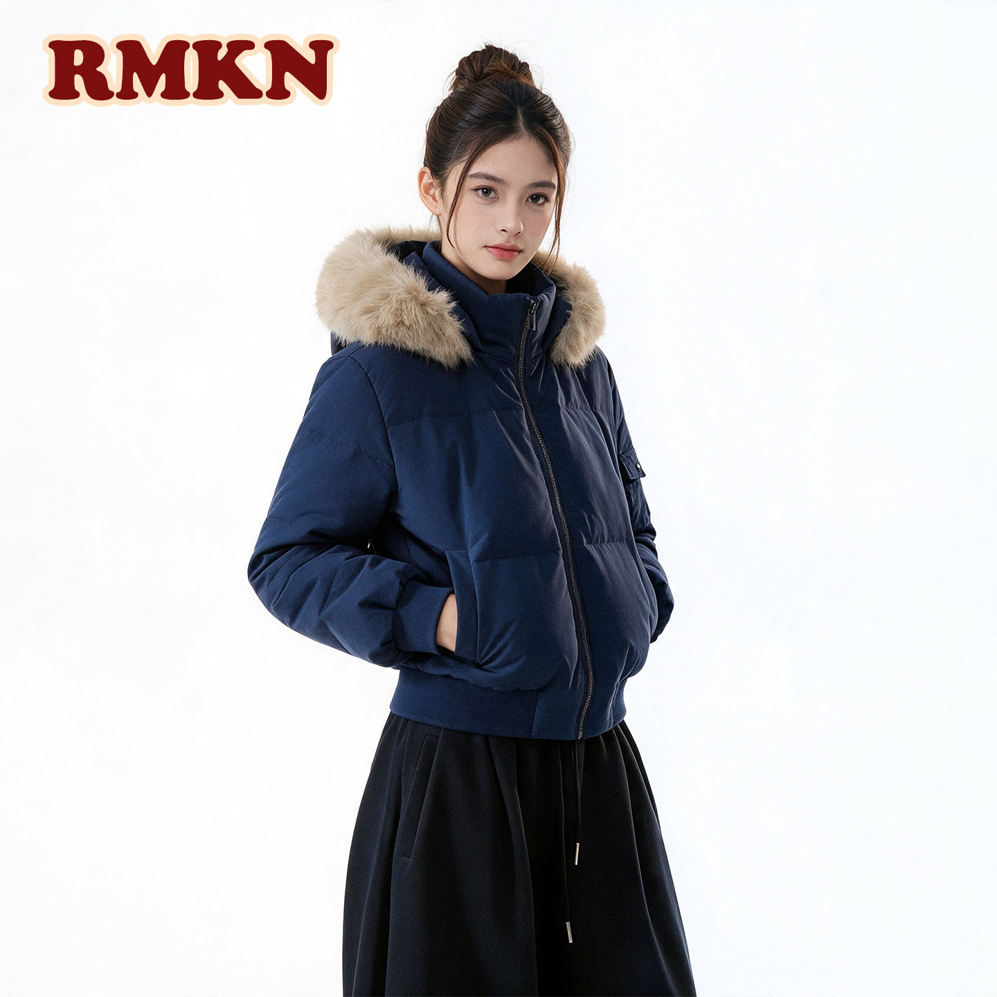 RMKN 90白鸭绒毛领连帽羽绒服女秋冬季新款短款外套休闲保暖上衣图片