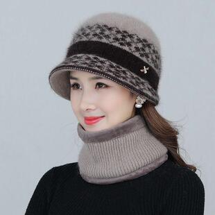 秋冬天中老年人帽子女保暖兔毛线帽妈妈针织帽加绒加厚老太太盆帽