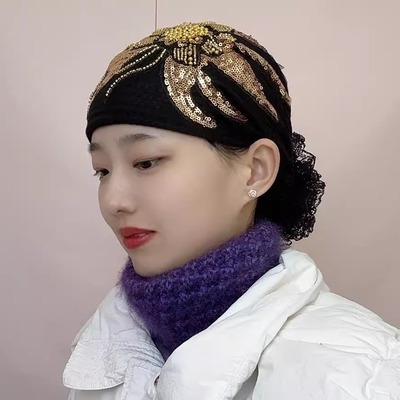 秋冬新款太阳花凤尾包头帽超柔时尚洋气束发帽遮白发蕾丝花头巾帽
