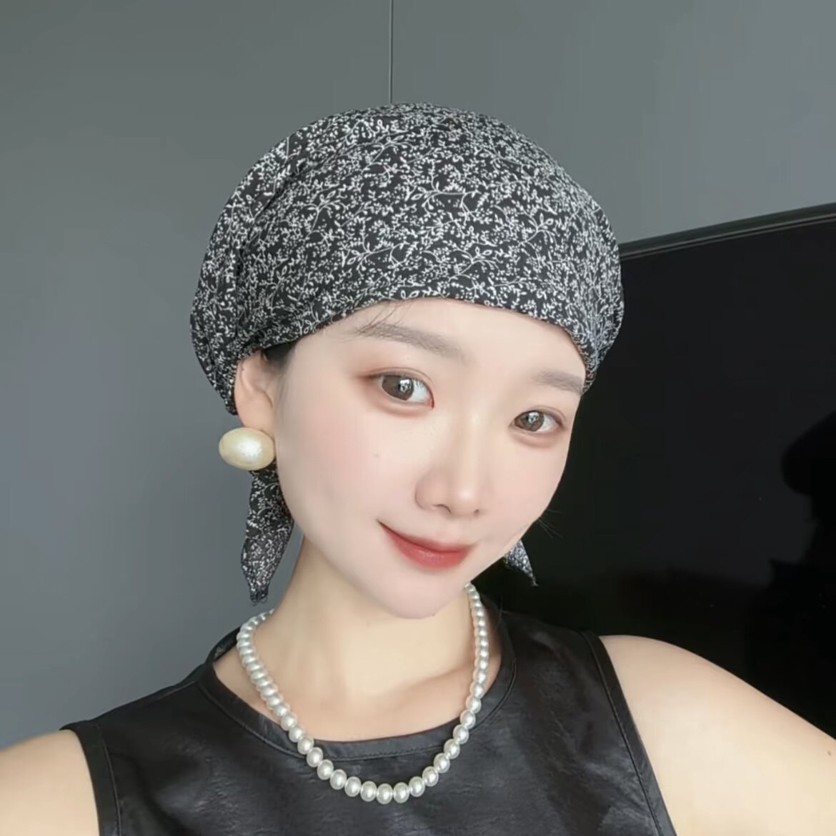 新款头巾帽薄款四季印花包头帽洋气居家遮白发妈妈帽女透气飘带帽