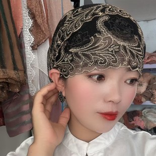 2025回族新款帽子双色刺绣妈妈头巾帽超轻薄遮白发透气家居包头帽