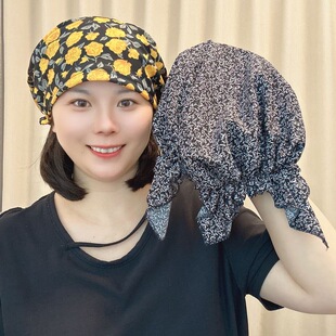 新款帽子妈妈四季包头遮白发薄款小帽女士新款居家洋气碎花飘带帽