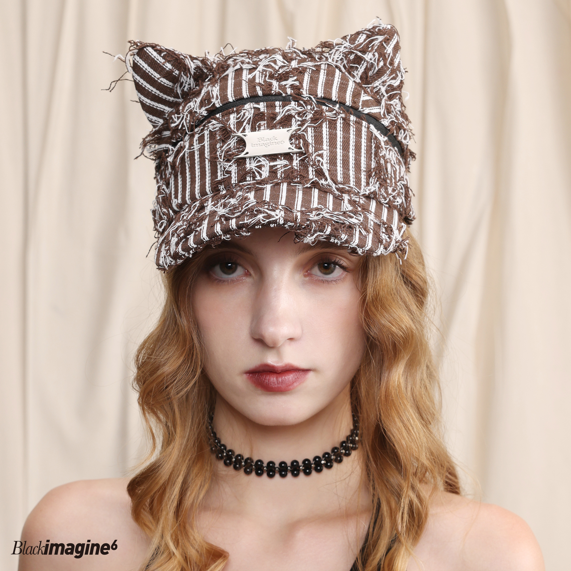 black imagine6 x by moossi联名猫耳朵条纹流苏可拆卸拉链棒球帽