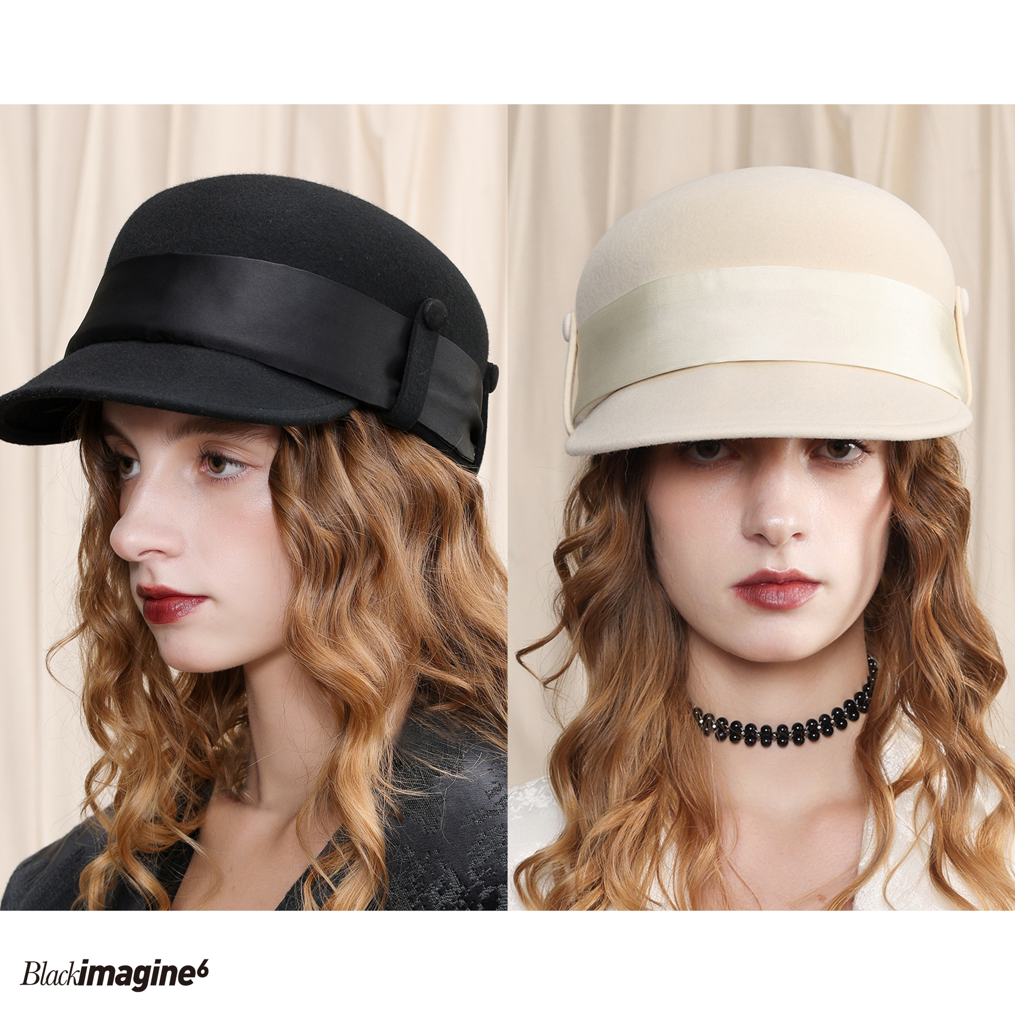 black imagine6｜暗黑风百搭羊毛鸭舌绑带骑士帽优雅黑白两色秋冬