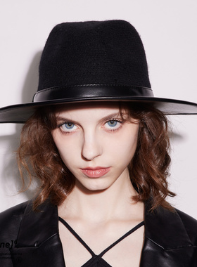 imagine6 ｜ 黑色羊毛呢拼皮爵士帽秋冬保暖防风暗黑风设计师男女