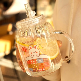 水杯女生玻璃杯高颜值新款2024大容量带把办公室夏季泡茶吸管杯子