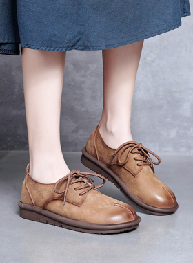森系手工复古小皮鞋百搭英伦风系带深口单鞋女平底头层牛皮大头鞋