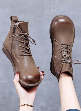 马丁靴女英伦风复古手工大头靴侧拉链牛皮短靴平底真皮女鞋软加绒