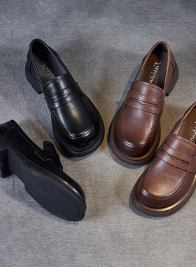 新款头层牛皮一脚蹬四季单鞋粗跟小皮鞋女英伦风圆头中跟乐福女鞋