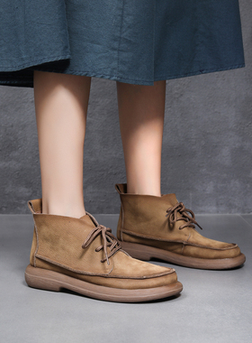 真皮马丁靴女秋新款文艺复古森系手工平底短靴加绒雪地靴棉鞋41码