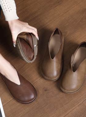 头层牛皮~~原创小众森系复古手工女鞋软底软面圆头平底单鞋奶奶鞋