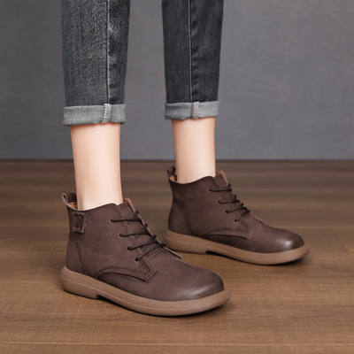 新款复古短靴女头层牛皮厚底女鞋