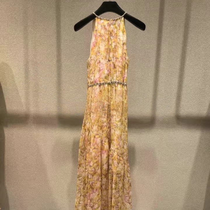 25春夏新假挂脖雪纺印花连衣裙女