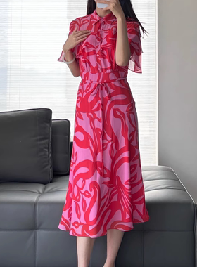 现货速发商场同款2025初夏新红粉花卉图印花翻领连衣裙A1FCW62580