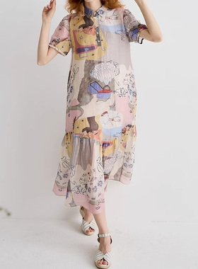 现货速发商场同款2025夏复古风度假印花宽松A型长裙252ML0697