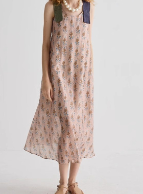 现货速发商场同款无袖25夏季新复古风度假印花A型长裙子252ML0511