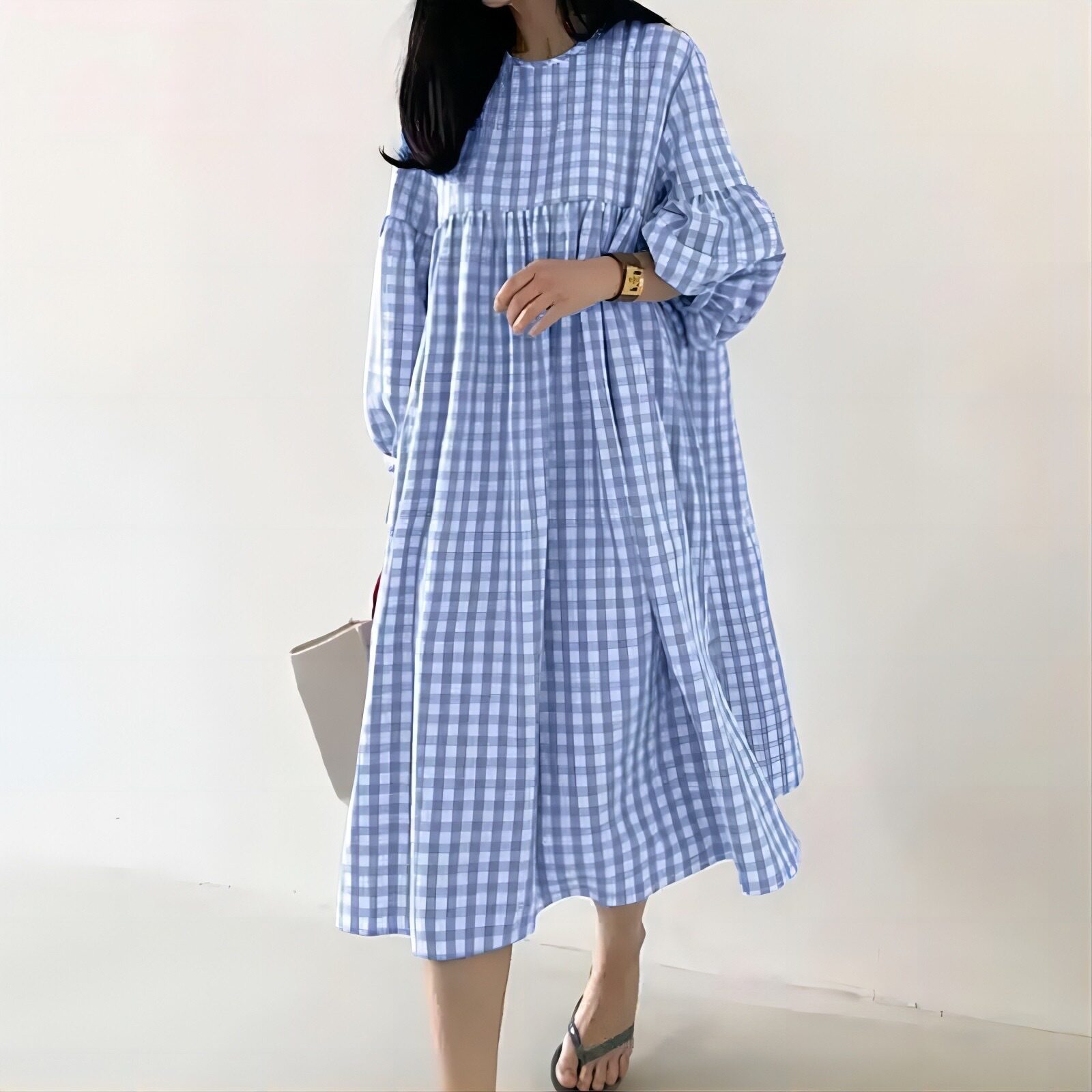 现货新品跨境中东Muslim休闲格子泡泡袖圆领宽松腰女式连衣裙厂批