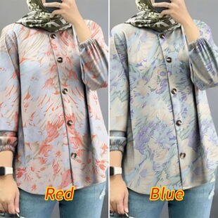 现货跨境亚马逊中东马来2025新款女式Muslim花卉衬衫时尚泡泡袖