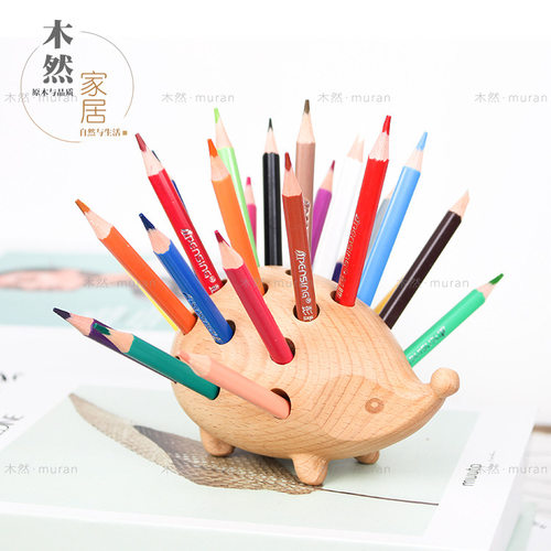北欧公主房装饰摆件办公用具笔筒实木刺猬家居饰品摆件创意小礼物