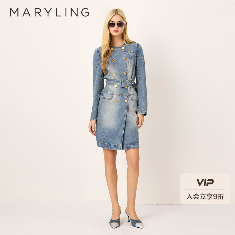 MARYLING玛俪琳2025春季新品双排扣圆领水洗牛仔外套A1