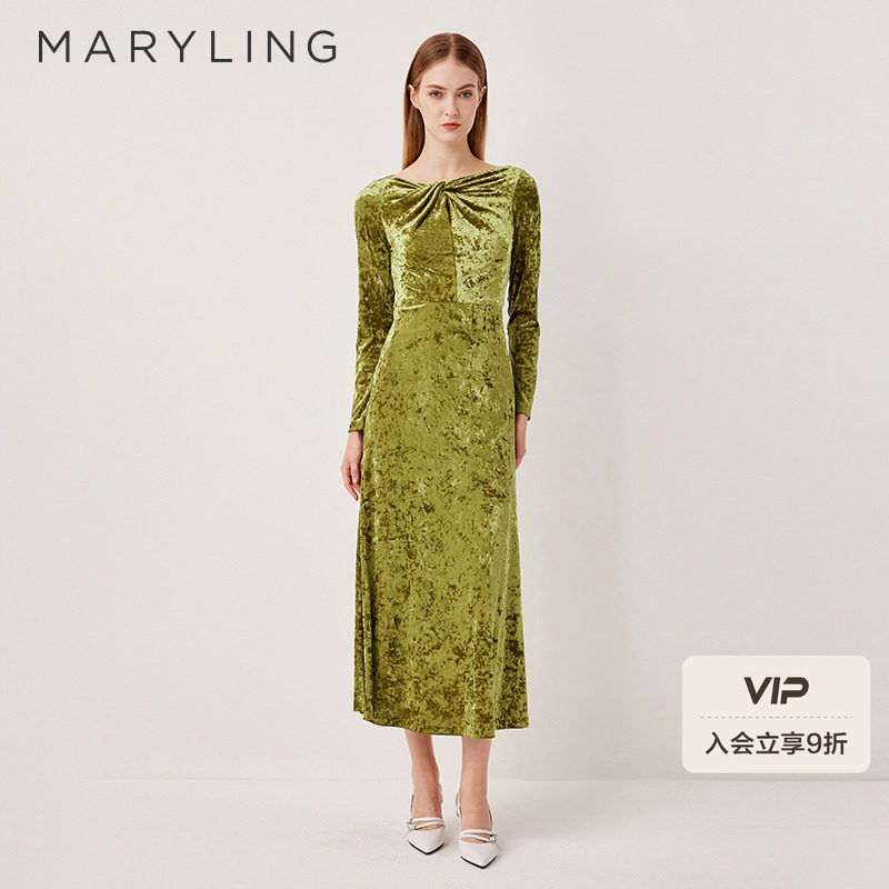 MARYLING玛俪琳2025初秋新品金色丝绒长款礼服连衣裙A1