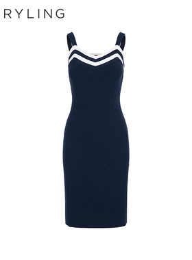MARYLING玛俪琳春季新品深蓝吊带针织连衣裙A1EBW04030
