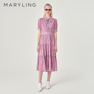 连衣裙A1EDW65030 粉橘色飘带碎褶短袖 MARYLING玛俪琳夏季 新品