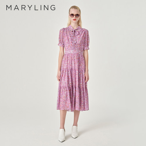 MARYLING蝴蝶结飘带印花连衣裙