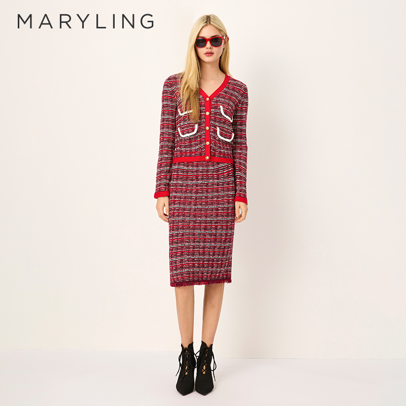 MARYLING红白黑格纹针织半裙