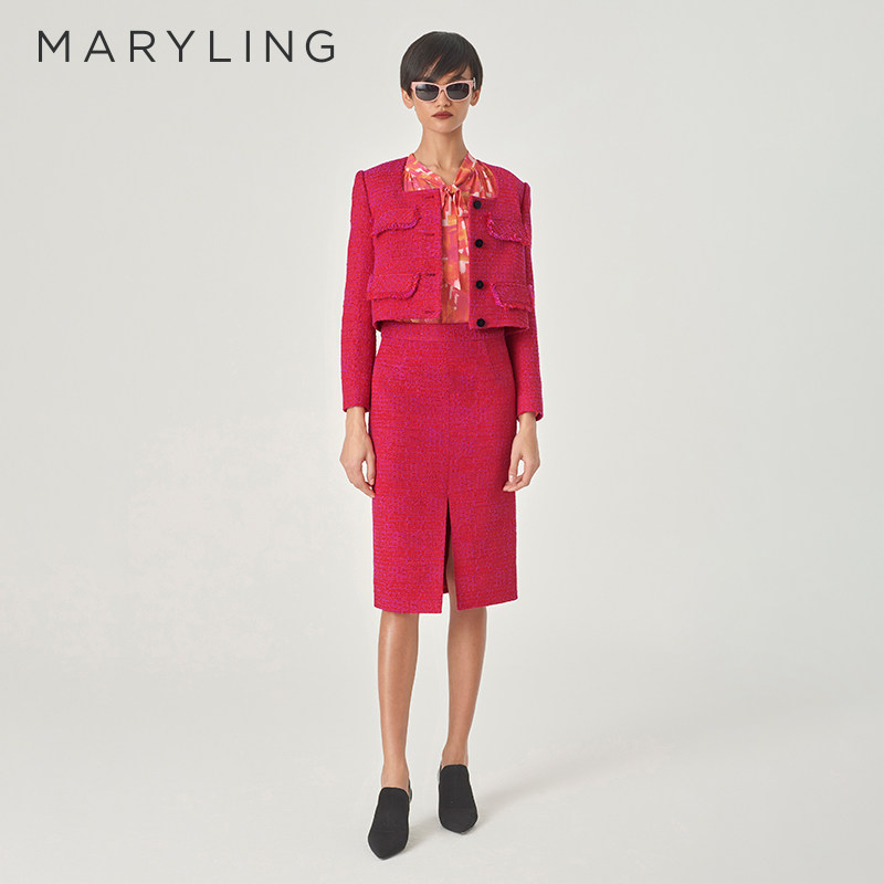 MARYLING玛俪琳初春新品莓果红粗花呢包臀半身裙A1EAW7