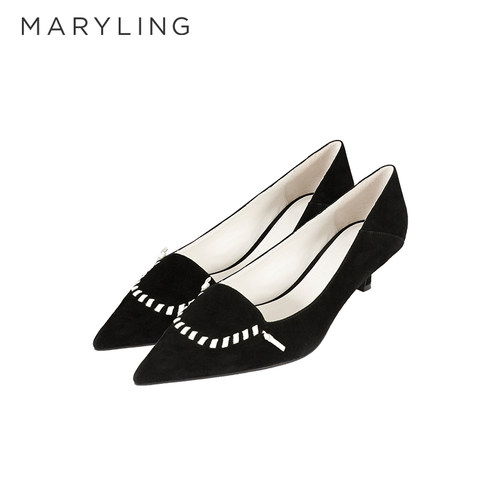 秋季黑白编织羊皮尖头鞋