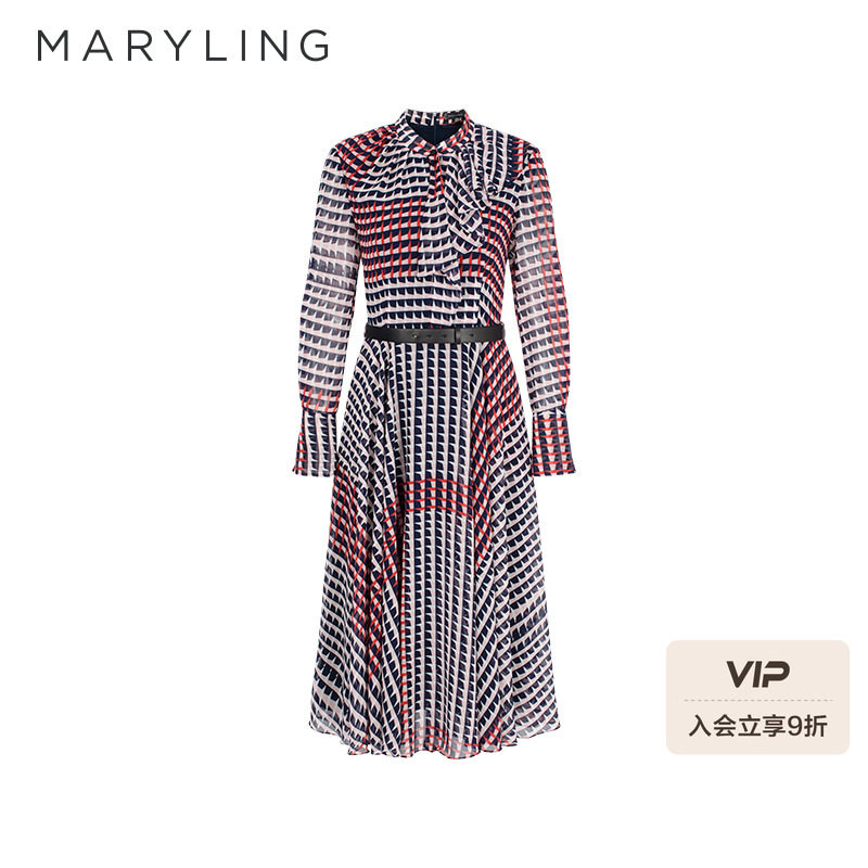MARYLING玛俪琳2025初春新品荷叶边千鸟格印花连衣裙A1