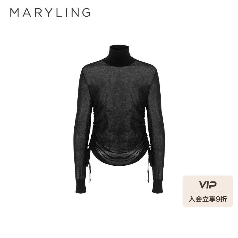 MARYLING玛俪琳2025秋冬新品黑色透感抽褶系带针织衫A1