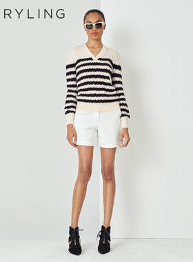 MARYLING玛俪琳春秋黑白撞色V领针织套头衫A1DAW01080