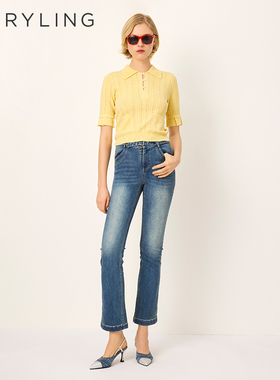 MARYLING玛俪琳2025春季新品鹅黄色上衣翻领短袖针织衫A1FBW01080