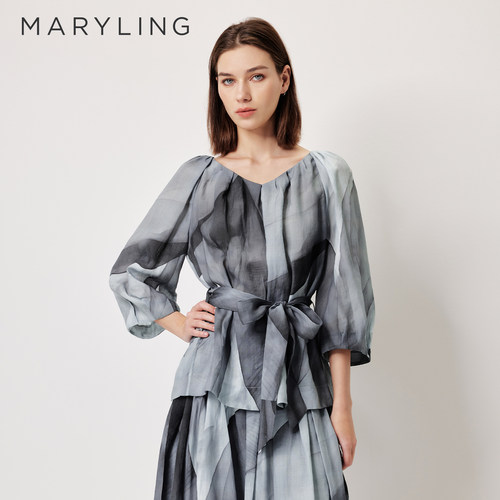 MARYLING玛俪琳2026夏新品雨灰天堂鸟水墨印花圆领上衣A1GCW26440