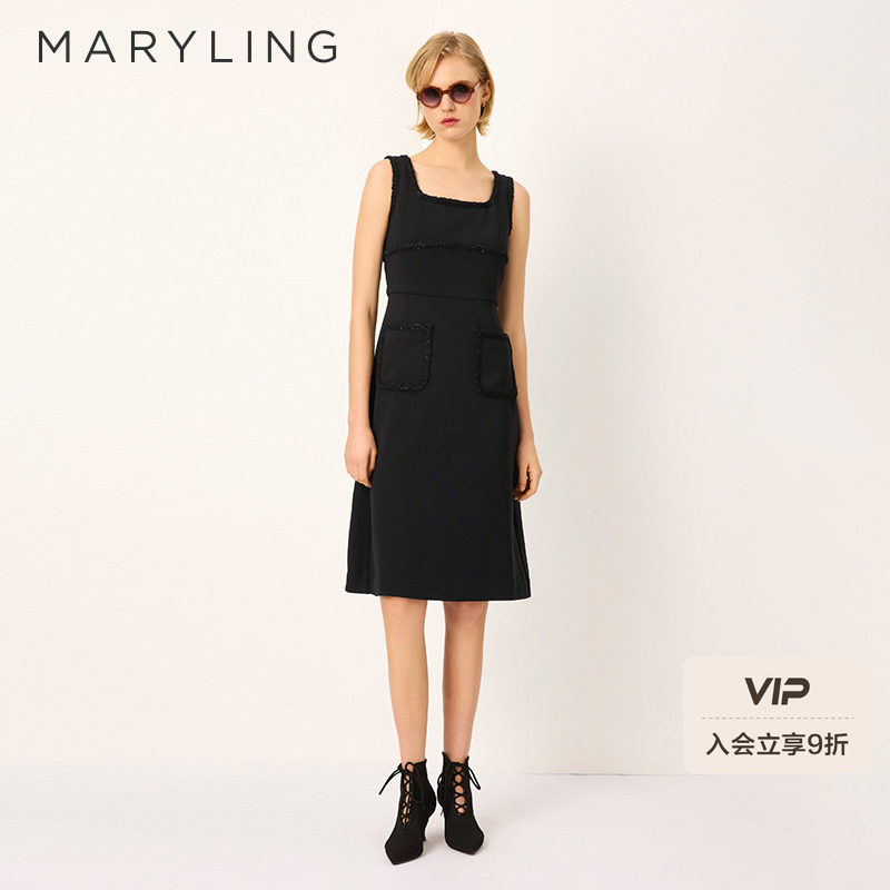 MARYLING玛俪琳2025夏季新品方领粗花呢边背心裙A1FC