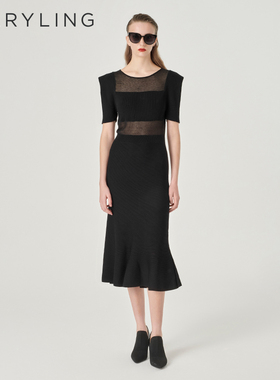 MARYLING玛俪琳春季新品黑色鱼尾针织连衣裙A1EBW04130
