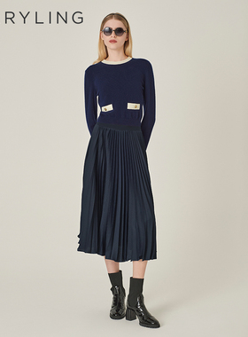 MARYLING玛俪琳秋季新品蓝白色圆领羊绒针织套头衫A1EGW01150