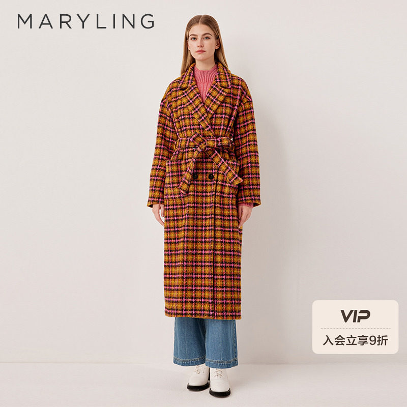 MARYLING玛俪琳2025冬季新品翻领菊棕格纹系带长款大衣A