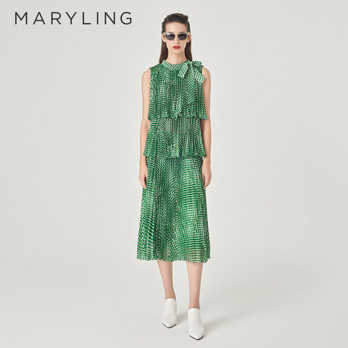 MARYLING的压褶大A摆印花伞裙