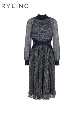 MARYLING玛俪琳新品蓝白点高领针梭织连衣裙A1DHW62170