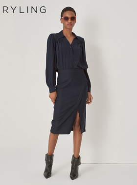 MARYLING玛俪琳秋季新品深蓝弧形线开叉直身半身裙A1DGW72060