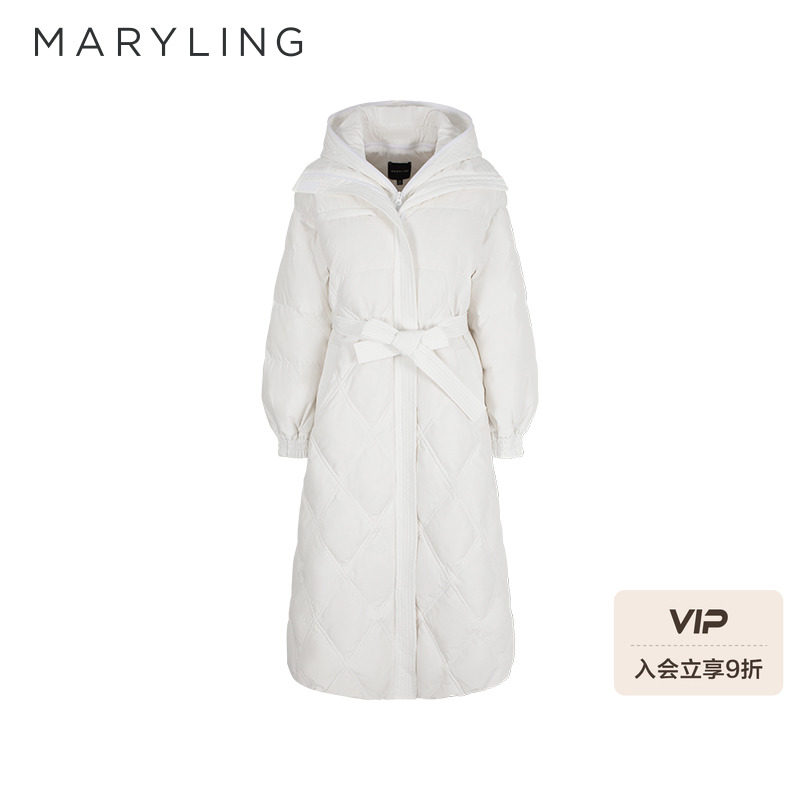 MARYLING玛俪琳冬季新品白色长款连帽羽绒服A1EHW980